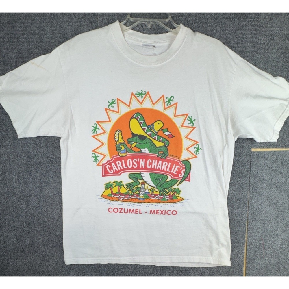 Vintage Carlos And Charlies Shirt Mens Large White Cozumel Mexico Vacation Bar